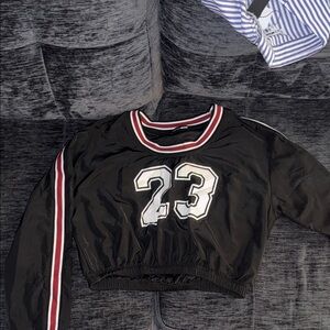 Fashion Nova Black Varsity Jacket with Red and White Accents